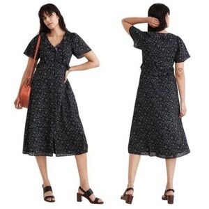 Madewell Ruffled Tiered Black Floral Midi Dress in Dotted Vines size 2